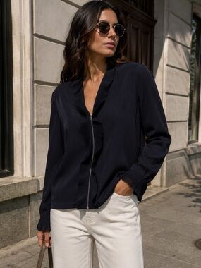 Sandro Navy Women's Blazer with Ruffle Trim size M